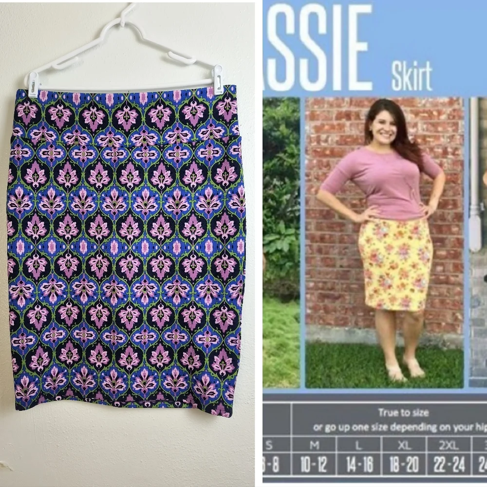 Lularoe Cassie Casual Pencil Skirt Women's 2XL Blue & Lilac Floral Print
